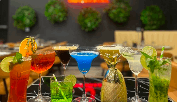 Variety of Cocktails, Mocktails, and Mojitos.