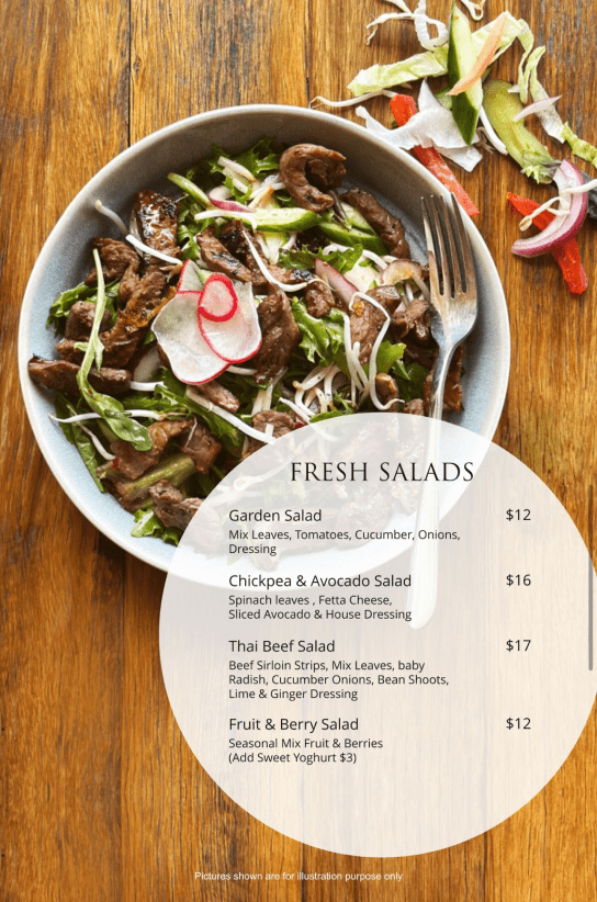 Fresh salad ingredients with a menu of Fresh salads